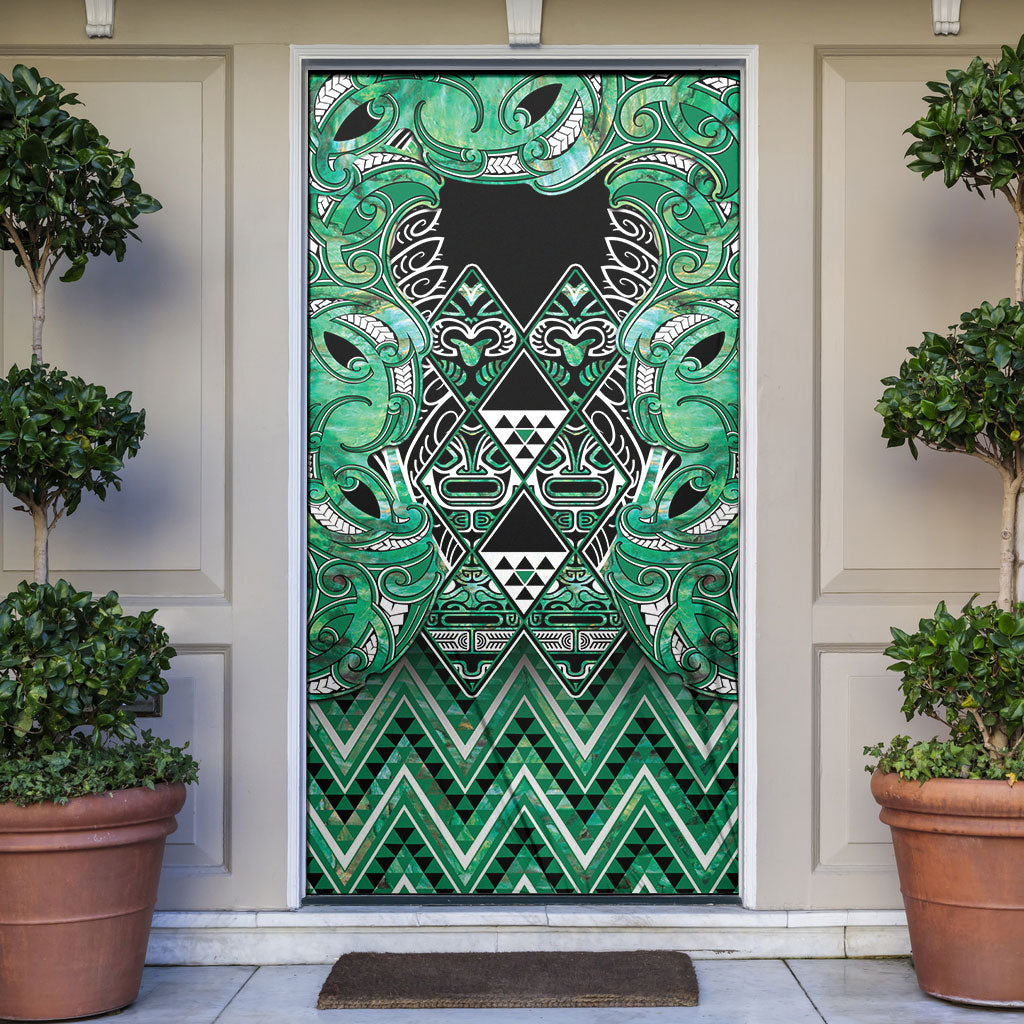 Aotearoa Ngati Awa Door Cover Maori Tribal Green Marble Paua Shell Pattern DT05 Green - Polynesian Pride