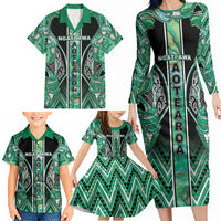 Aotearoa Ngati Awa Family Matching Long Sleeve Bodycon Dress and Hawaiian Shirt Maori Tribal Green Marble Paua Shell Pattern DT05 - Polynesian Pride