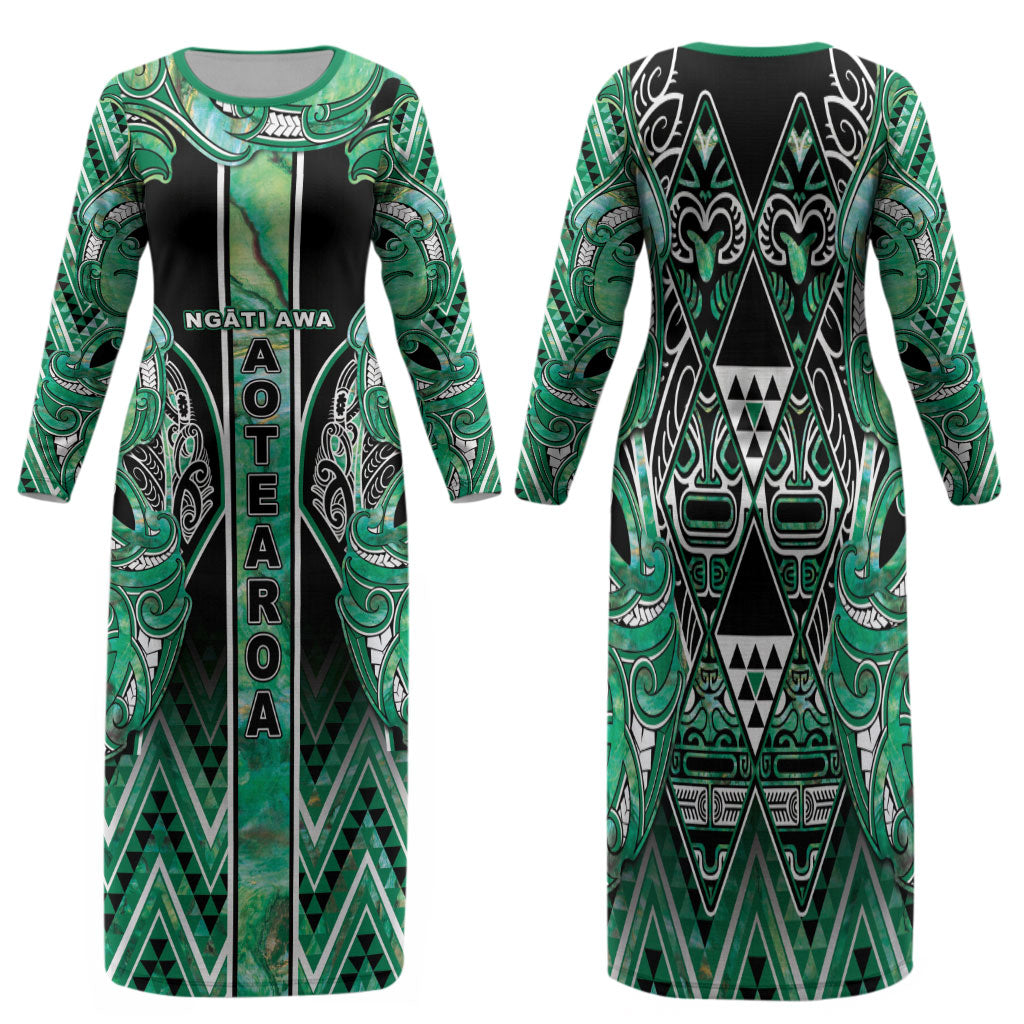 Aotearoa Ngati Awa Family Matching Long Sleeve Bodycon Dress and Hawaiian Shirt Maori Tribal Green Marble Paua Shell Pattern DT05 Mom's Dress Green - Polynesian Pride