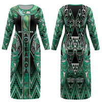 Aotearoa Ngati Awa Family Matching Long Sleeve Bodycon Dress and Hawaiian Shirt Maori Tribal Green Marble Paua Shell Pattern DT05 Mom's Dress Green - Polynesian Pride