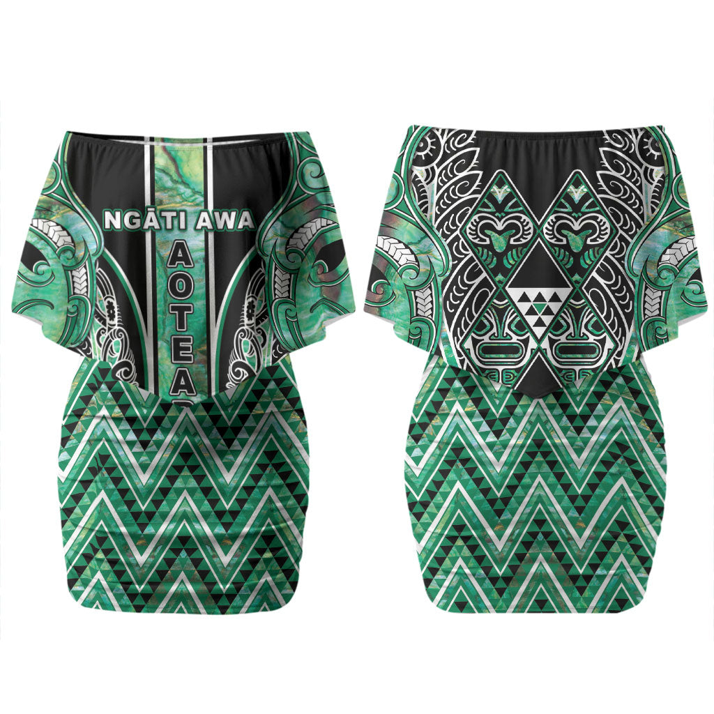 Aotearoa Ngati Awa Family Matching Off Shoulder Short Dress and Hawaiian Shirt Maori Tribal Green Marble Paua Shell Pattern DT05 Mom's Dress Green - Polynesian Pride