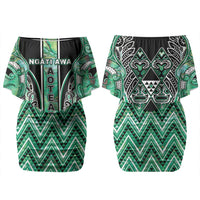 Aotearoa Ngati Awa Family Matching Off Shoulder Short Dress and Hawaiian Shirt Maori Tribal Green Marble Paua Shell Pattern DT05 Mom's Dress Green - Polynesian Pride