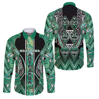 Aotearoa Ngati Awa Family Matching Off Shoulder Short Dress and Hawaiian Shirt Maori Tribal Green Marble Paua Shell Pattern DT05 Dad's Shirt - Long Sleeve Green - Polynesian Pride