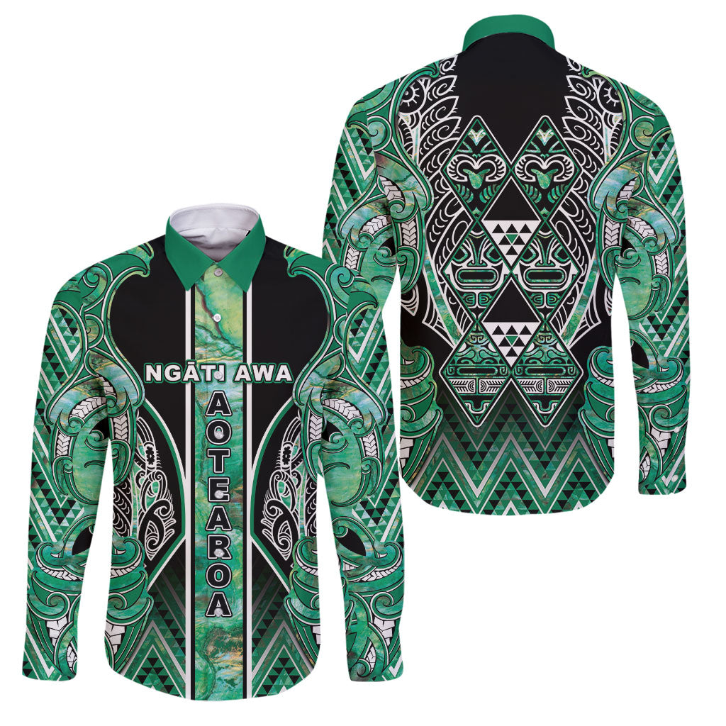 Aotearoa Ngati Awa Family Matching Summer Maxi Dress and Hawaiian Shirt Maori Tribal Green Marble Paua Shell Pattern DT05 Dad's Shirt - Long Sleeve Green - Polynesian Pride