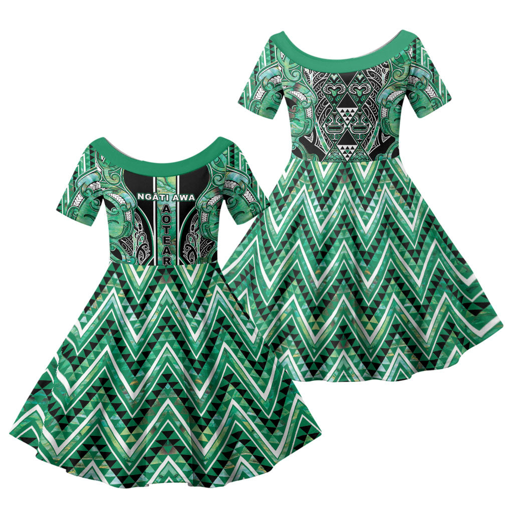 Aotearoa Ngati Awa Family Matching Summer Maxi Dress and Hawaiian Shirt Maori Tribal Green Marble Paua Shell Pattern DT05 Daughter's Dress Green - Polynesian Pride