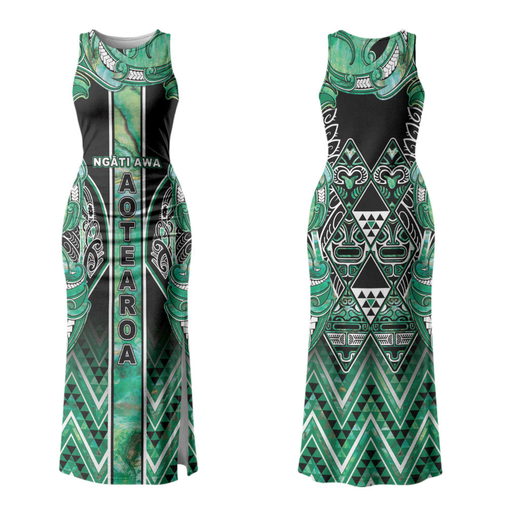 Aotearoa Ngati Awa Family Matching Tank Maxi Dress and Hawaiian Shirt Maori Tribal Green Marble Paua Shell Pattern DT05 Mom's Dress Green - Polynesian Pride