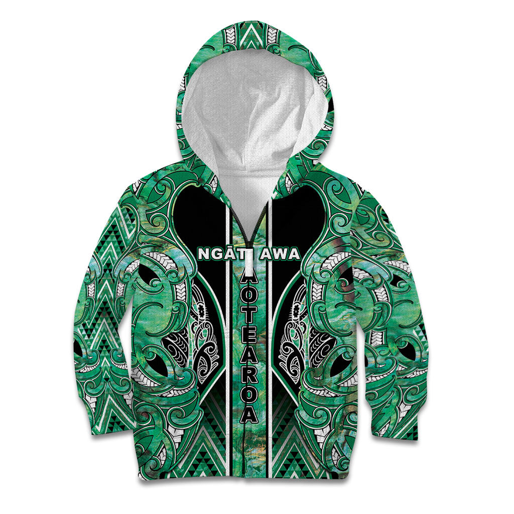 Aotearoa Ngati Awa Kid Hoodie Maori Tribal Green Marble Paua Shell Pattern DT05 Zip Hoodie Green - Polynesian Pride