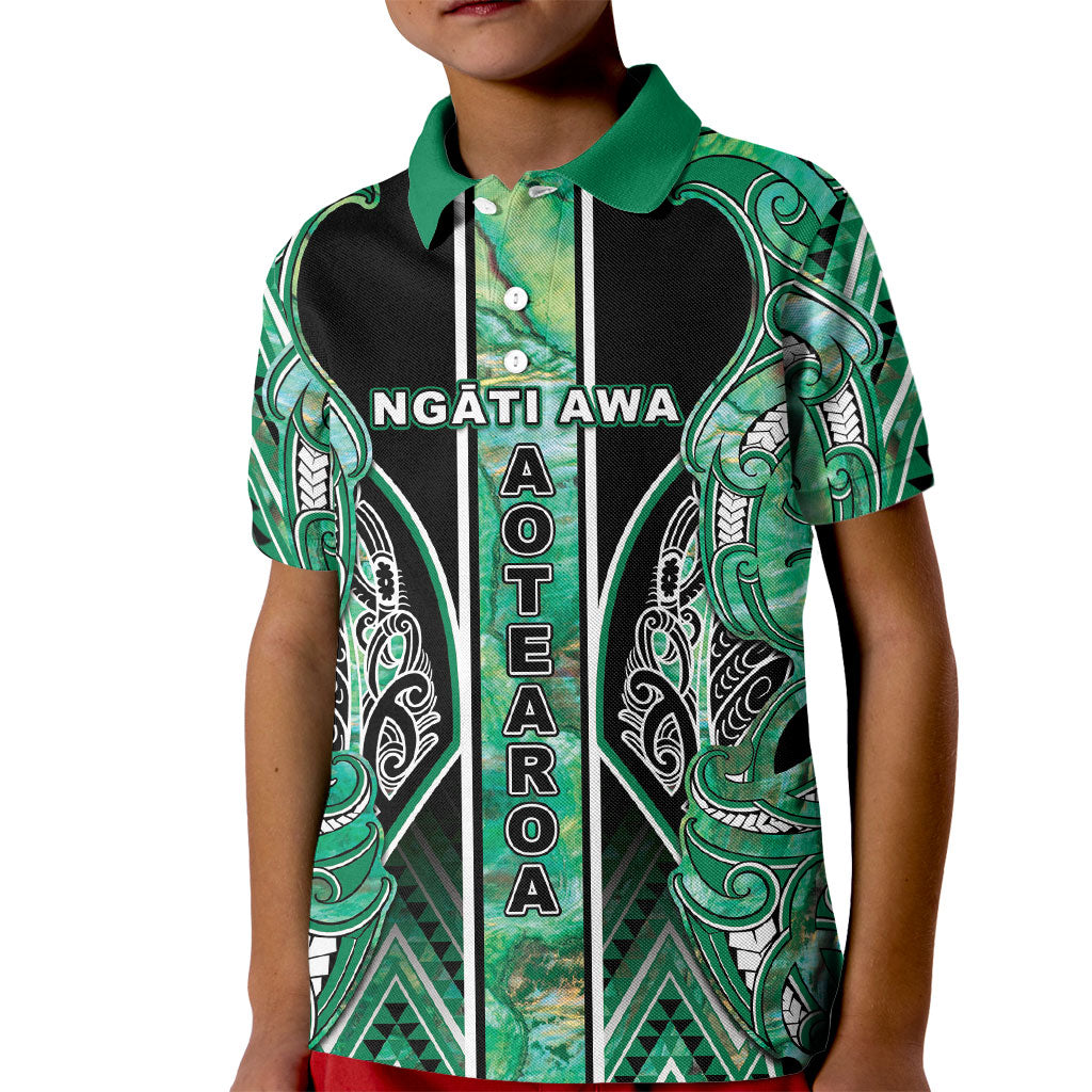 Aotearoa Ngati Awa Kid Polo Shirt Maori Tribal Green Marble Paua Shell Pattern DT05 Kid Green - Polynesian Pride