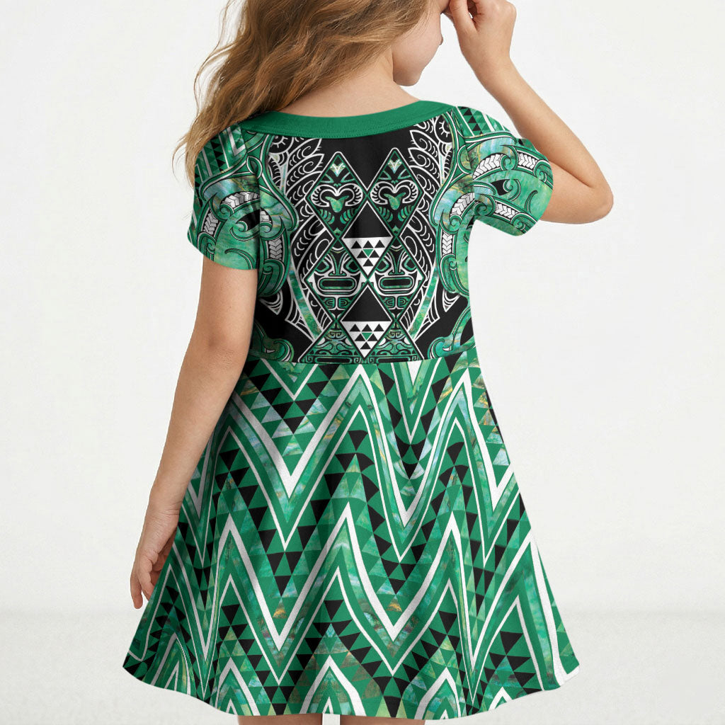 Aotearoa Ngati Awa Kid Short Sleeve Dress Maori Tribal Green Marble Paua Shell Pattern DT05 - Polynesian Pride