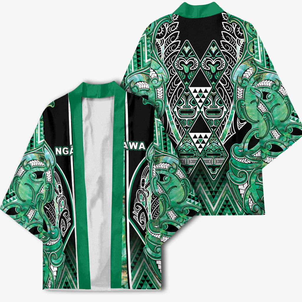 Aotearoa Ngati Awa Kimono Maori Tribal Green Marble Paua Shell Pattern DT05 - Polynesian Pride
