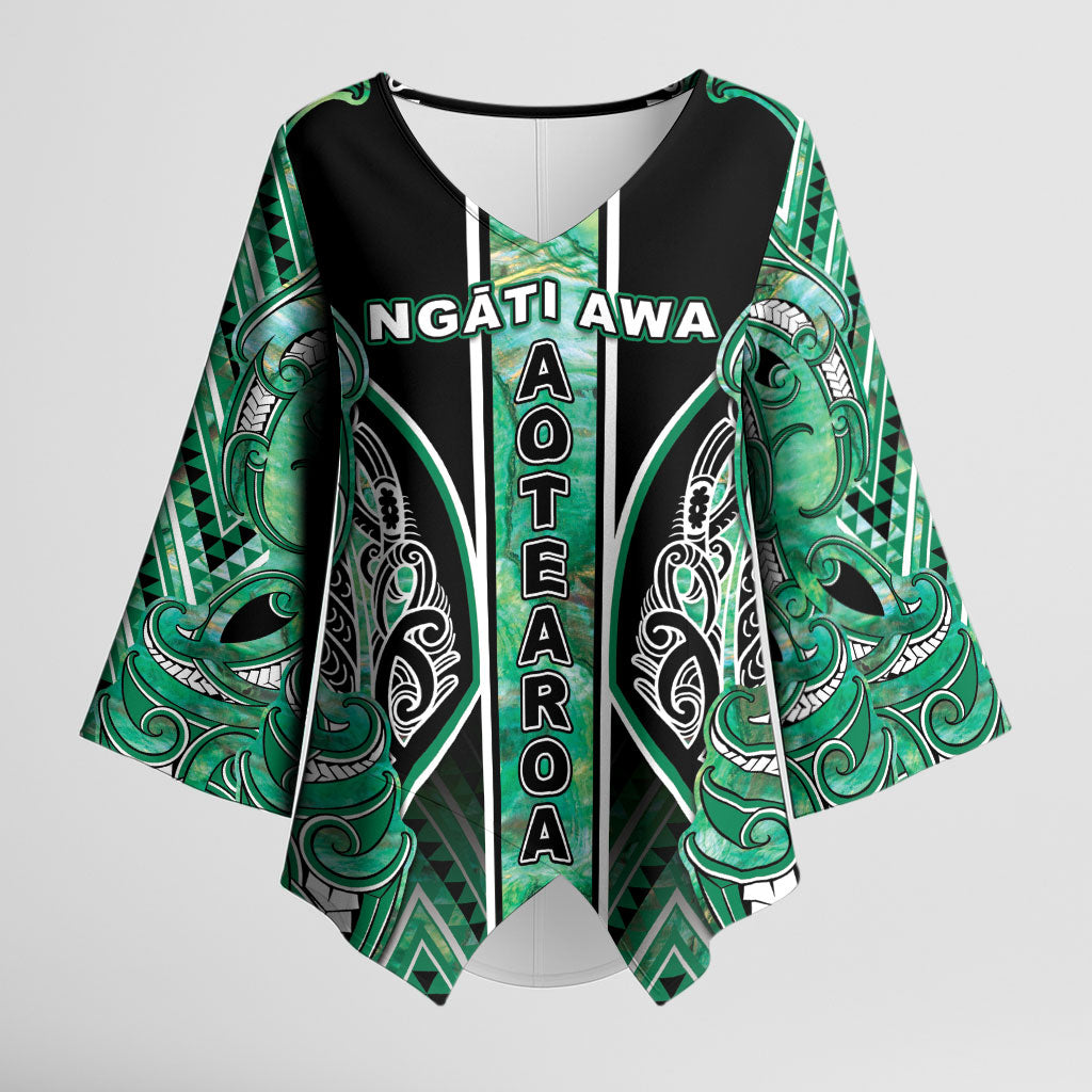 Aotearoa Ngati Awa Kimono Sleeve Blouse Maori Tribal Green Marble Paua Shell Pattern DT05 Female Green - Polynesian Pride