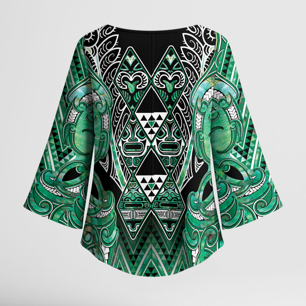 Aotearoa Ngati Awa Kimono Sleeve Blouse Maori Tribal Green Marble Paua Shell Pattern DT05 - Polynesian Pride