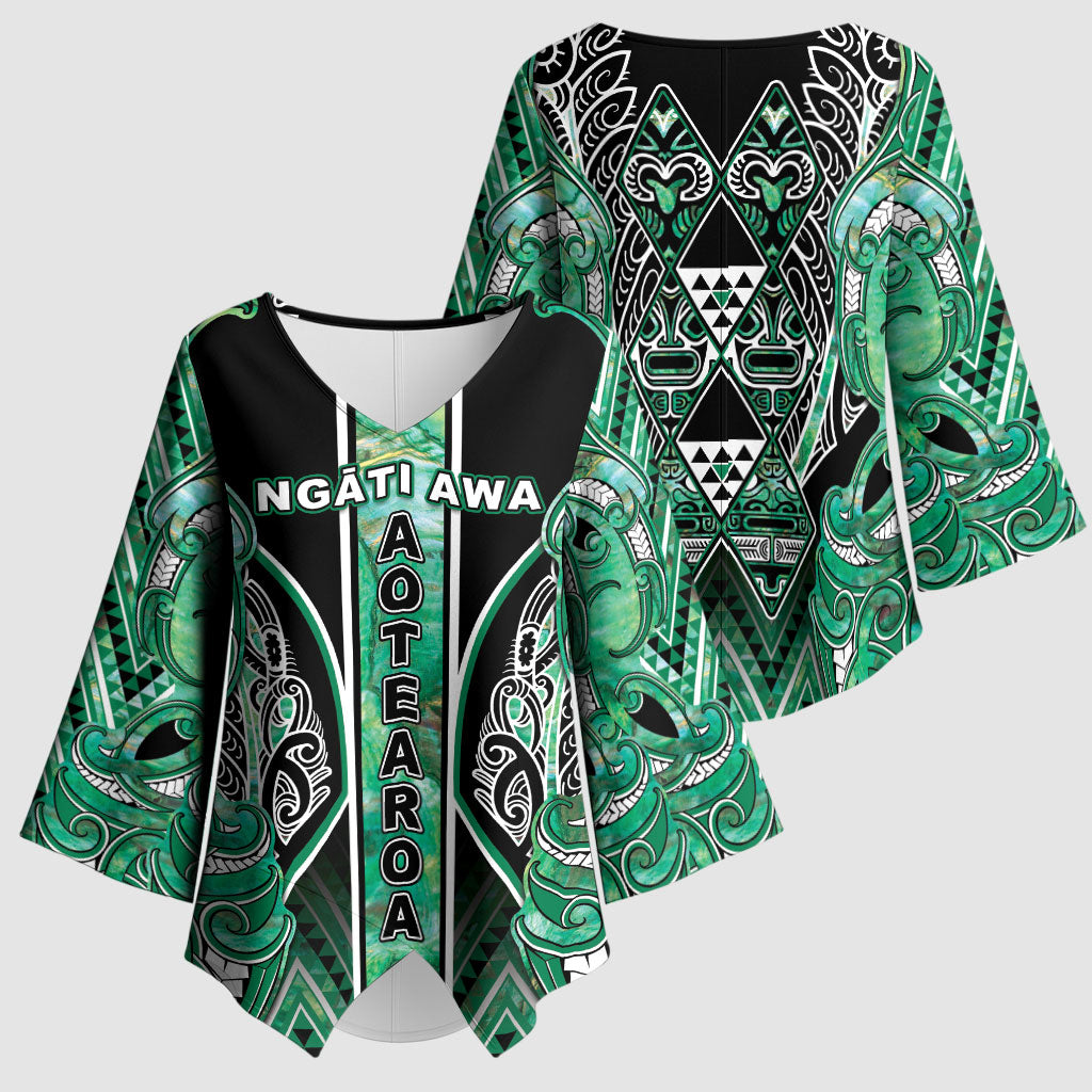 Aotearoa Ngati Awa Kimono Sleeve Blouse Maori Tribal Green Marble Paua Shell Pattern DT05 - Polynesian Pride