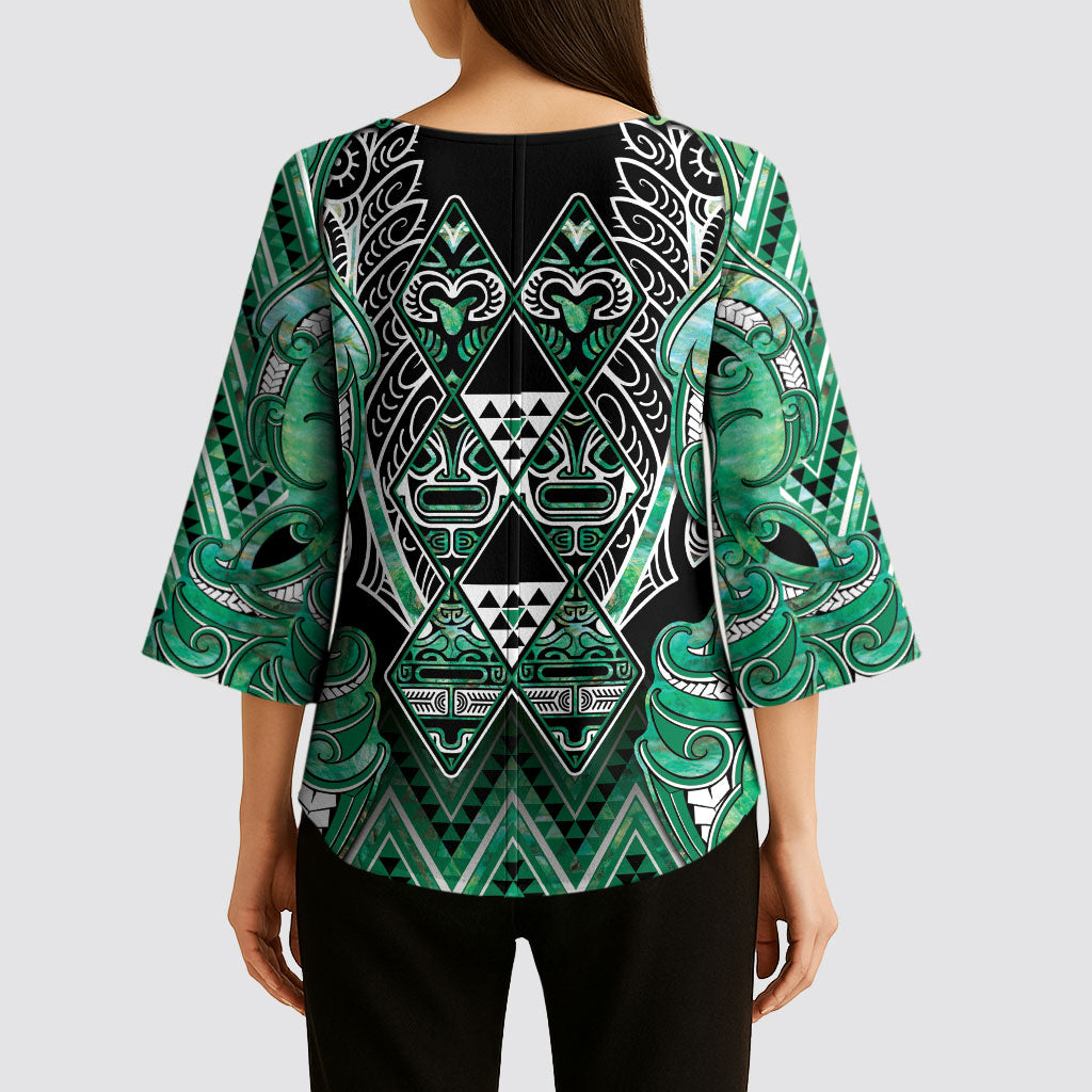 Aotearoa Ngati Awa Kimono Sleeve Blouse Maori Tribal Green Marble Paua Shell Pattern DT05 - Polynesian Pride