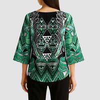 Aotearoa Ngati Awa Kimono Sleeve Blouse Maori Tribal Green Marble Paua Shell Pattern DT05 - Polynesian Pride