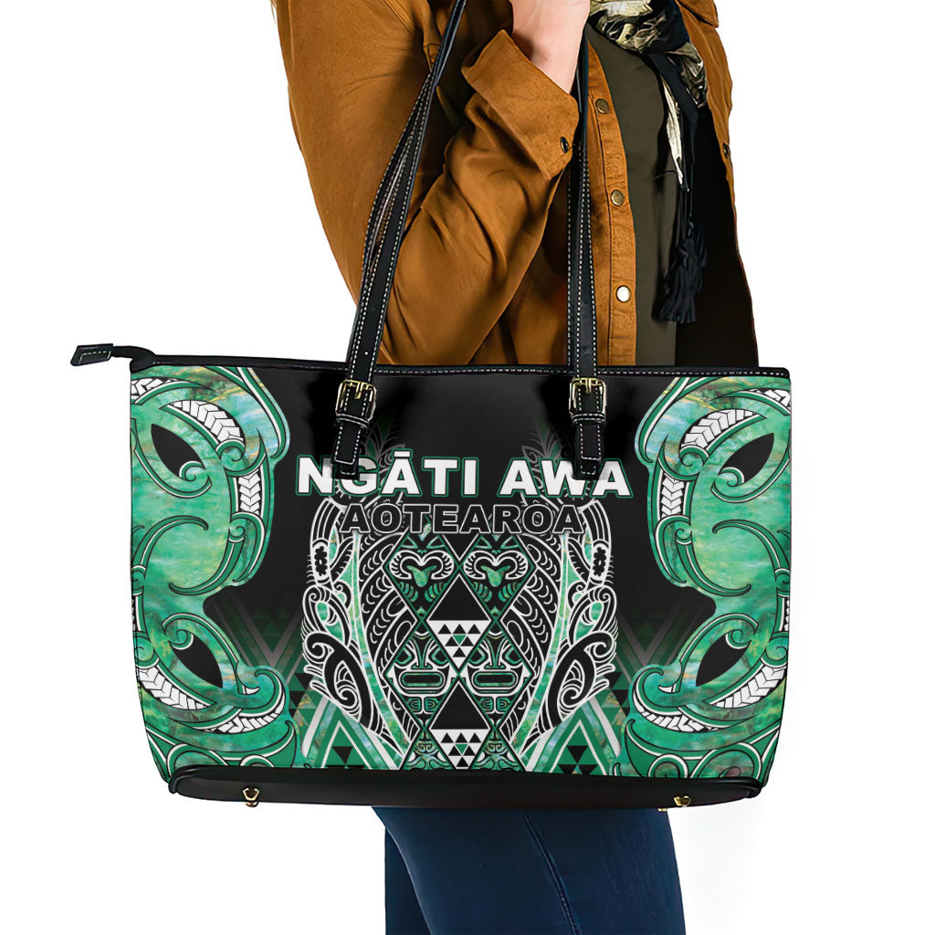 Aotearoa Ngati Awa Leather Tote Bag Maori Tribal Green Marble Paua Shell Pattern DT05 - Polynesian Pride