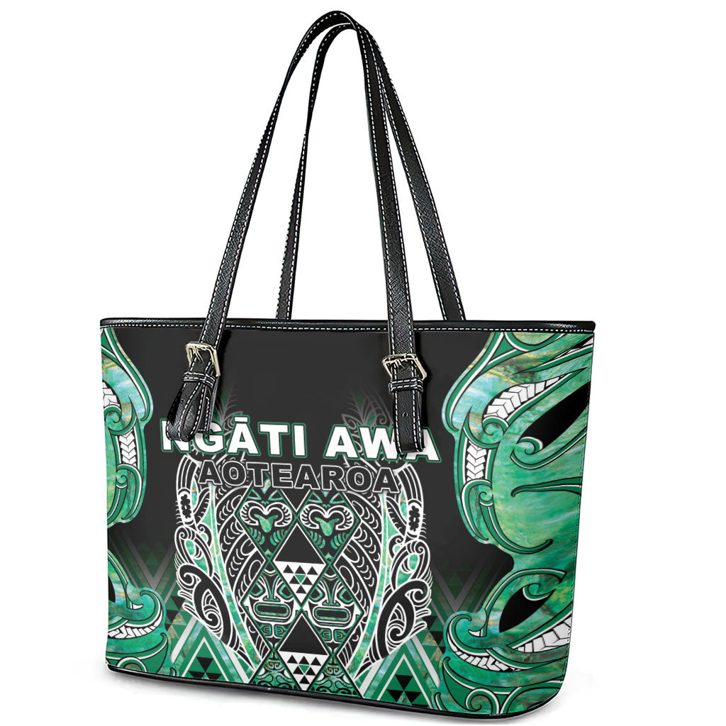 Aotearoa Ngati Awa Leather Tote Bag Maori Tribal Green Marble Paua Shell Pattern DT05 - Polynesian Pride