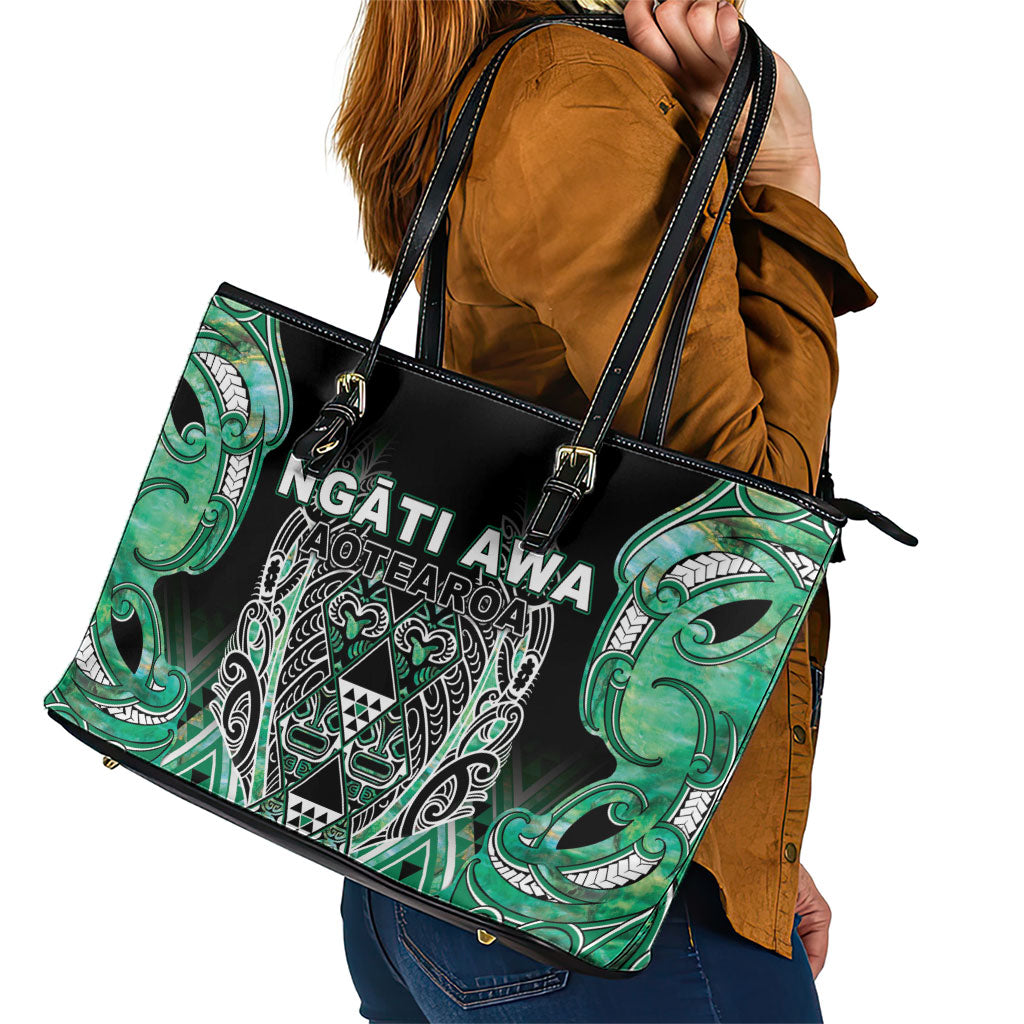 Aotearoa Ngati Awa Leather Tote Bag Maori Tribal Green Marble Paua Shell Pattern DT05 - Polynesian Pride