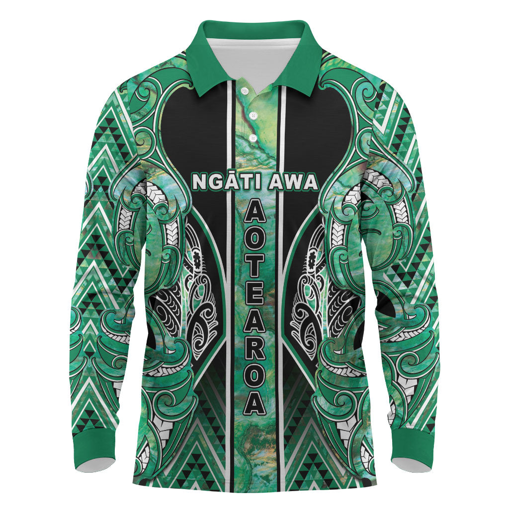 Aotearoa Ngati Awa Long Sleeve Polo Shirt Maori Tribal Green Marble Paua Shell Pattern DT05 Green - Polynesian Pride