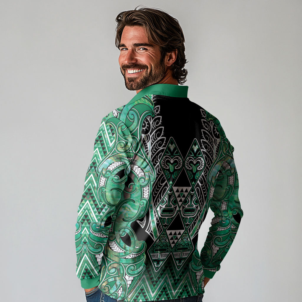 Aotearoa Ngati Awa Long Sleeve Polo Shirt Maori Tribal Green Marble Paua Shell Pattern DT05 - Polynesian Pride