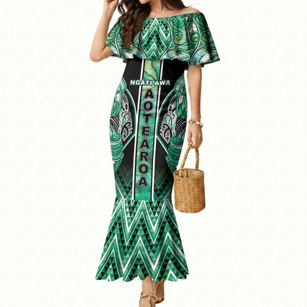 Aotearoa Ngati Awa Mermaid Dress Maori Tribal Green Marble Paua Shell Pattern DT05 Women Green - Polynesian Pride