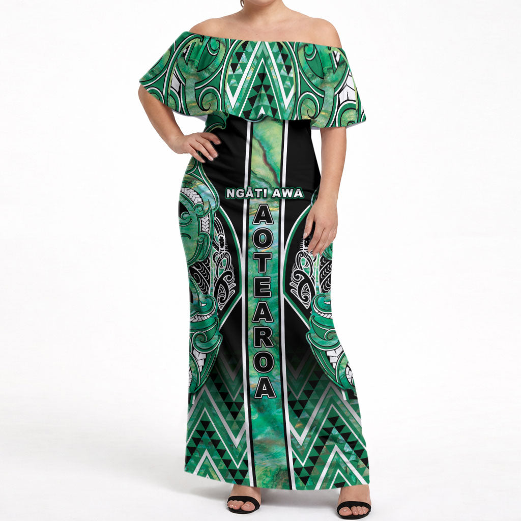 Aotearoa Ngati Awa Off Shoulder Maxi Dress Maori Tribal Green Marble Paua Shell Pattern DT05 Women Green - Polynesian Pride