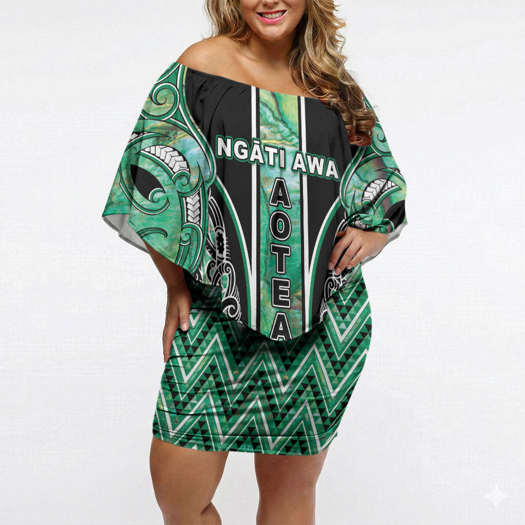 Aotearoa Ngati Awa Off Shoulder Short Dress Maori Tribal Green Marble Paua Shell Pattern DT05 Women Green - Polynesian Pride