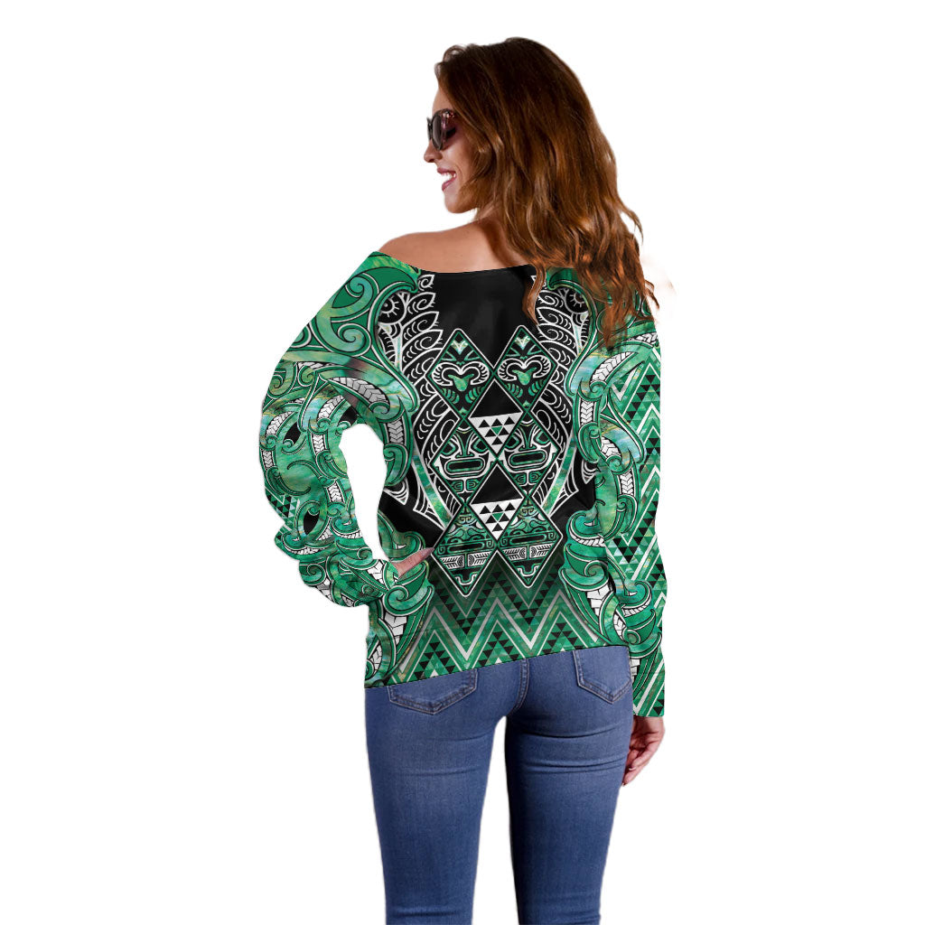 Aotearoa Ngati Awa Off Shoulder Sweater Maori Tribal Green Marble Paua Shell Pattern DT05 - Polynesian Pride