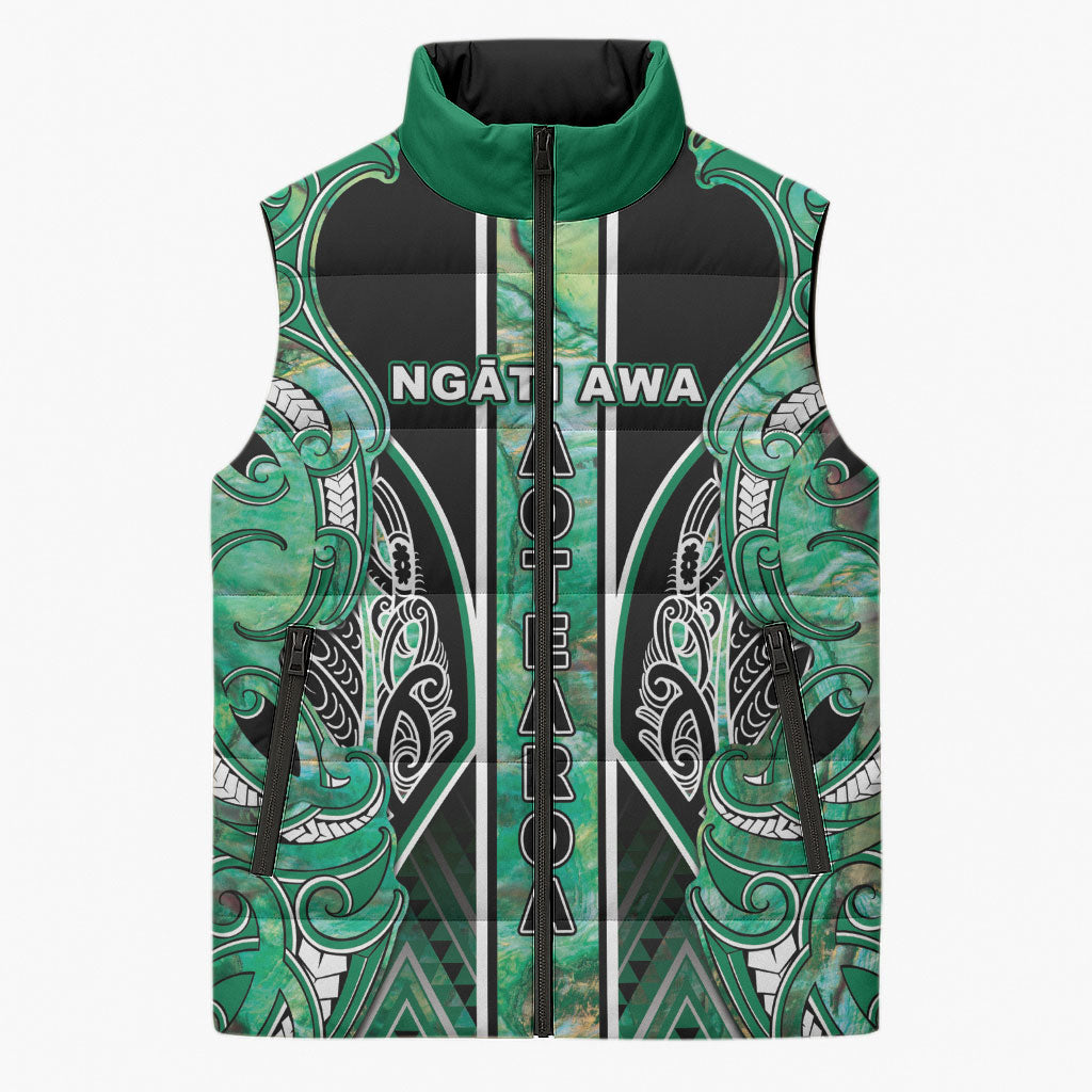 Aotearoa Ngati Awa Sleeveless Puffer Jacket Maori Tribal Green Marble Paua Shell Pattern DT05 Unisex Green - Polynesian Pride
