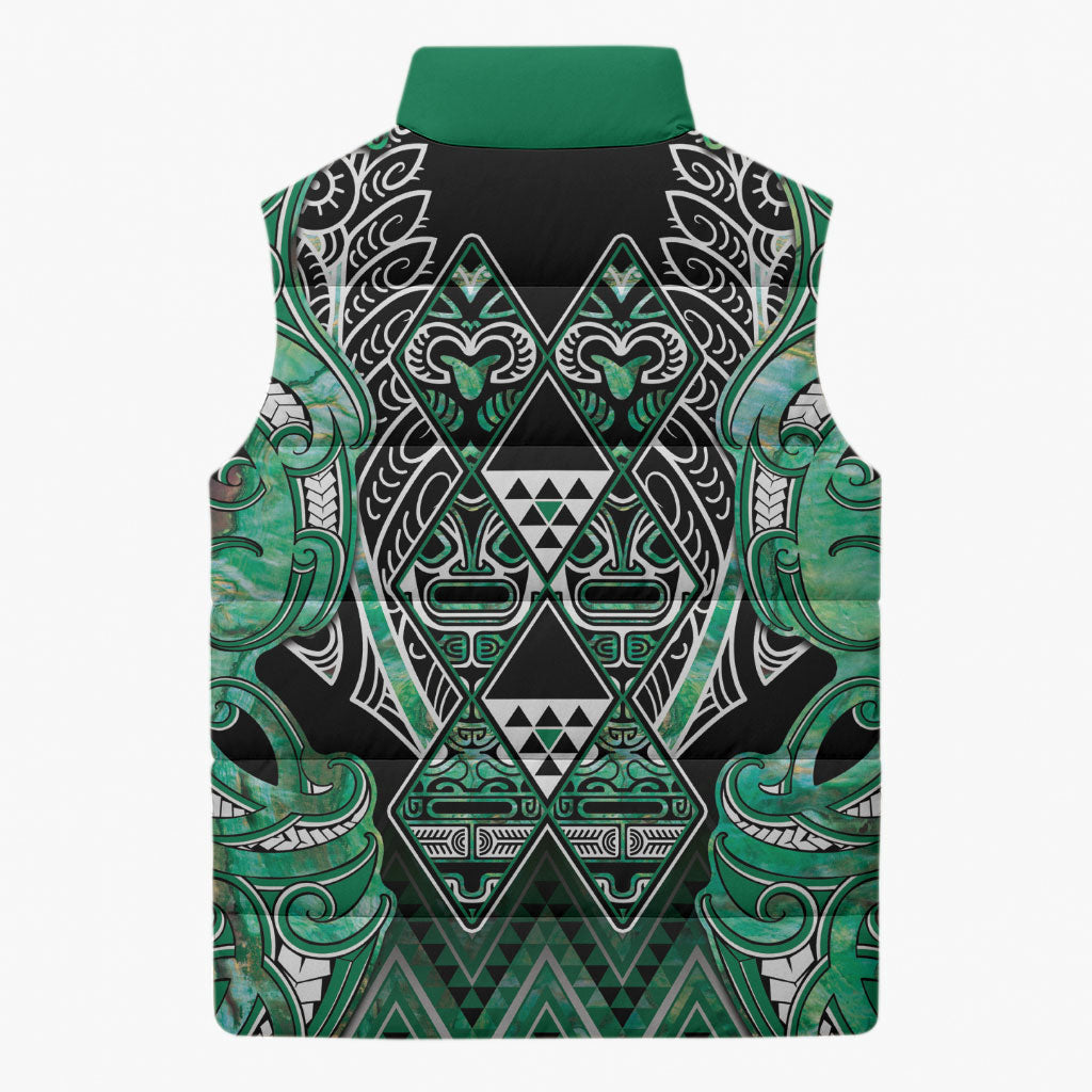 Aotearoa Ngati Awa Sleeveless Puffer Jacket Maori Tribal Green Marble Paua Shell Pattern DT05 - Polynesian Pride