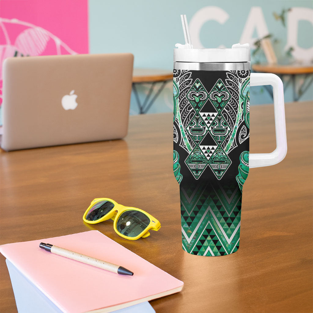 Aotearoa Ngati Awa Tumbler With Handle Maori Tribal Green Marble Paua Shell Pattern DT05 - Polynesian Pride