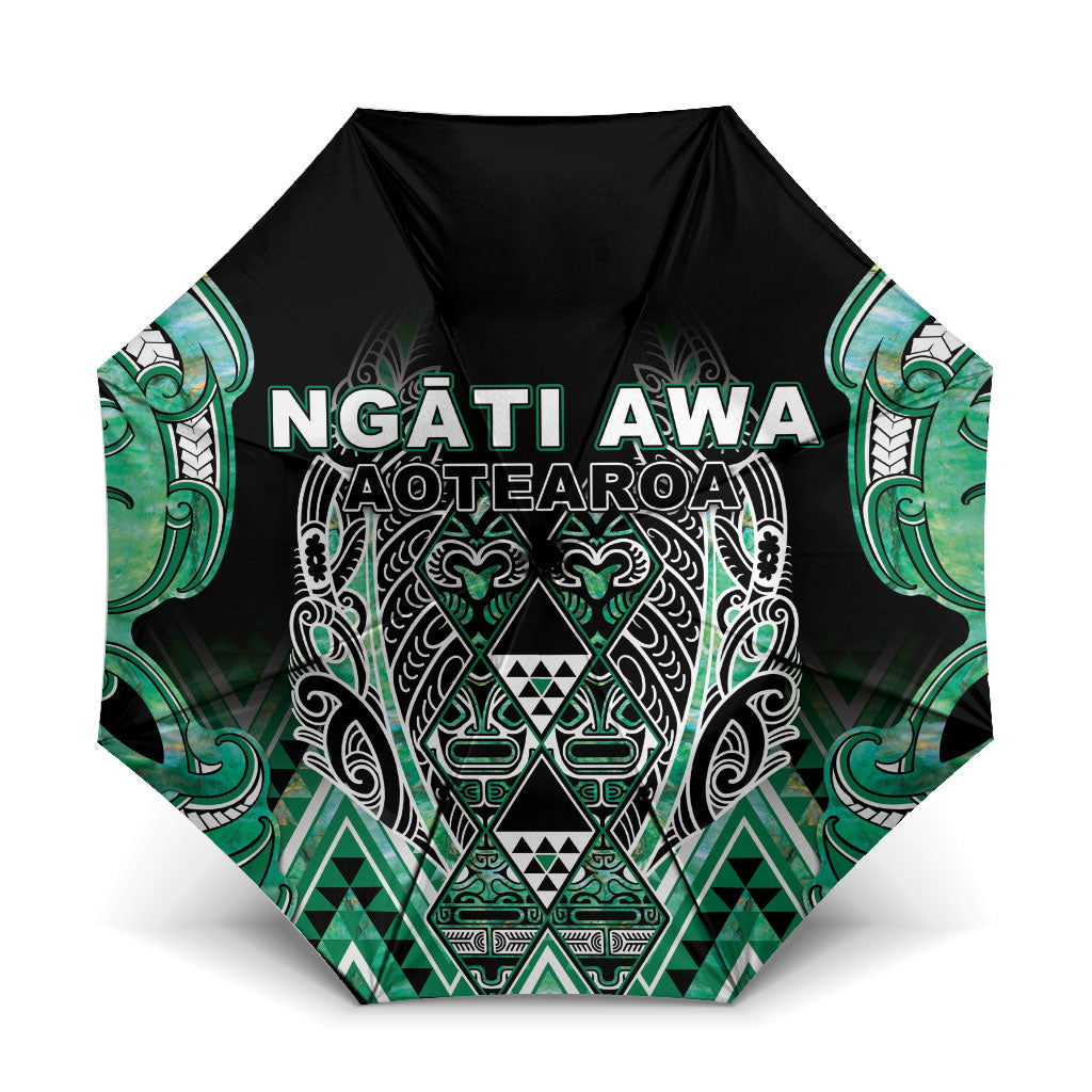 Aotearoa Ngati Awa Umbrella Maori Tribal Green Marble Paua Shell Pattern DT05 One Size Folded 11.42 inch Opened Diameter 37.4 inch Green - Polynesian Pride