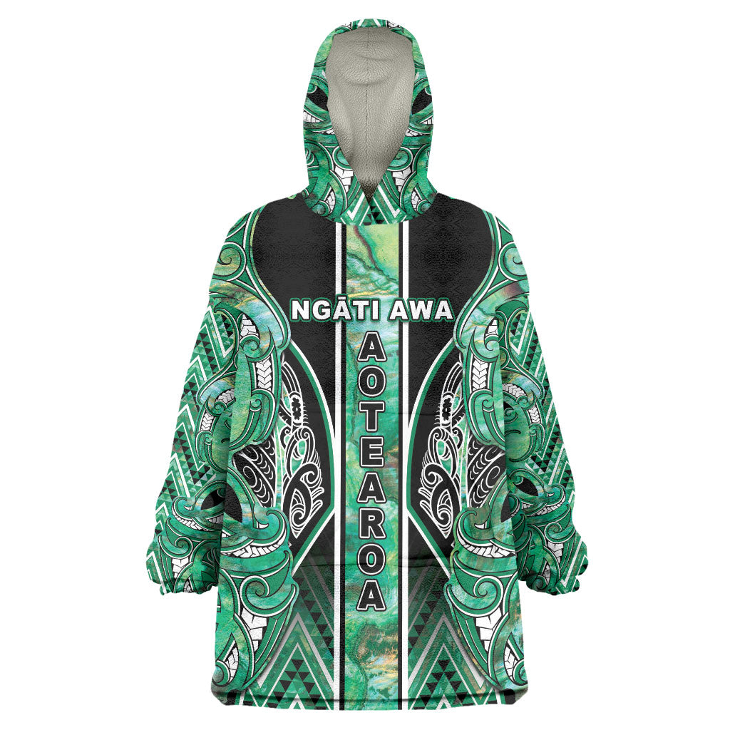 Aotearoa Ngati Awa Wearable Blanket Hoodie Maori Tribal Green Marble Paua Shell Pattern DT05 One Size Green - Polynesian Pride