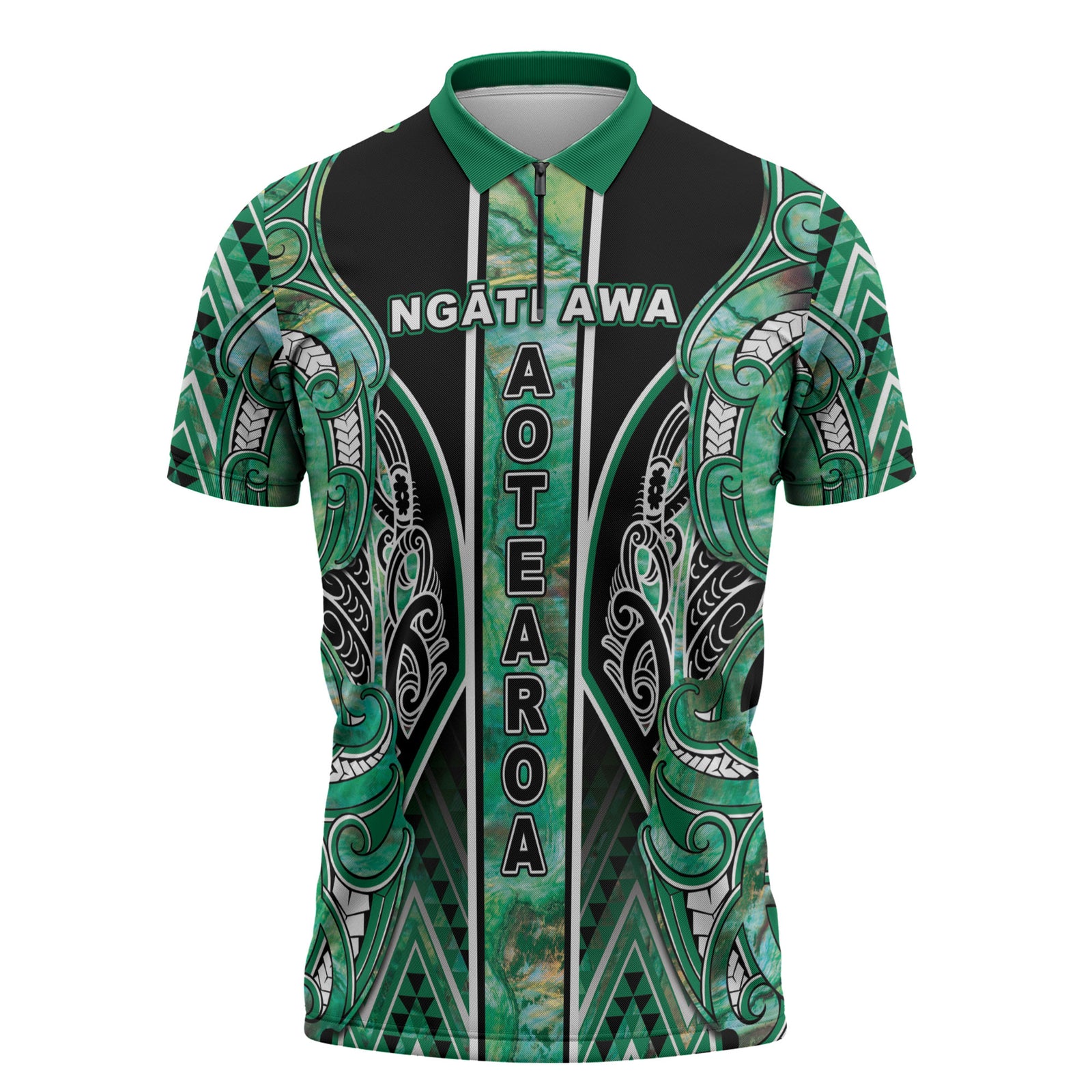Aotearoa Ngati Awa Zipper Polo Shirt Maori Tribal Green Marble Paua Shell Pattern DT05 Green - Polynesian Pride