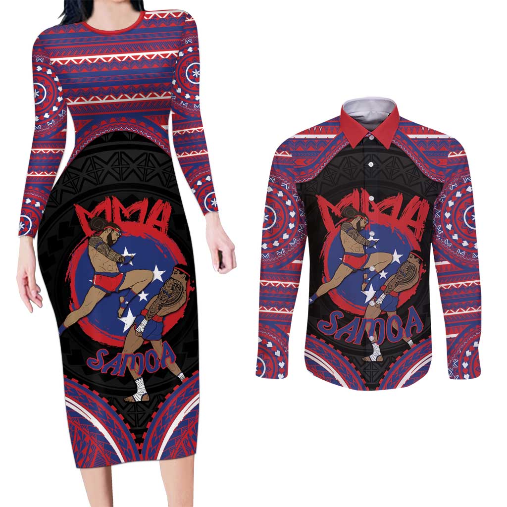 Personalised Samoa Mixed Martial Arts Couples Matching Long Sleeve Bodycon Dress and Long Sleeve Button Shirt Flying Knee Of Samoan DT05 Black - Polynesian Pride