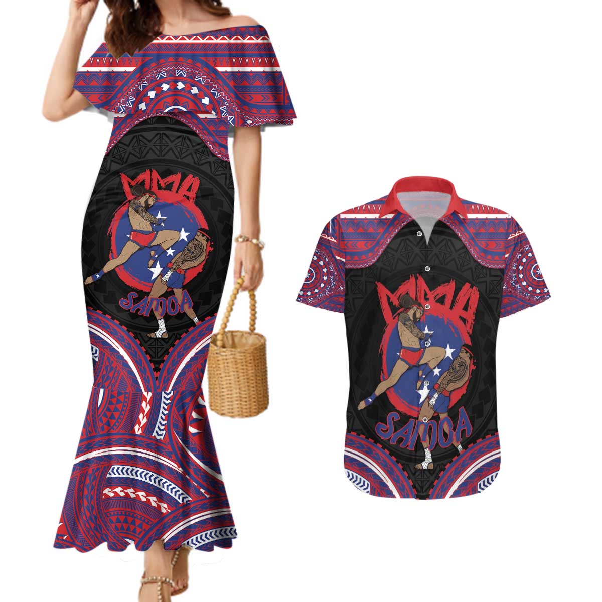 Personalised Samoa Mixed Martial Arts Couples Matching Mermaid Dress and Hawaiian Shirt Flying Knee Of Samoan DT05 Black - Polynesian Pride