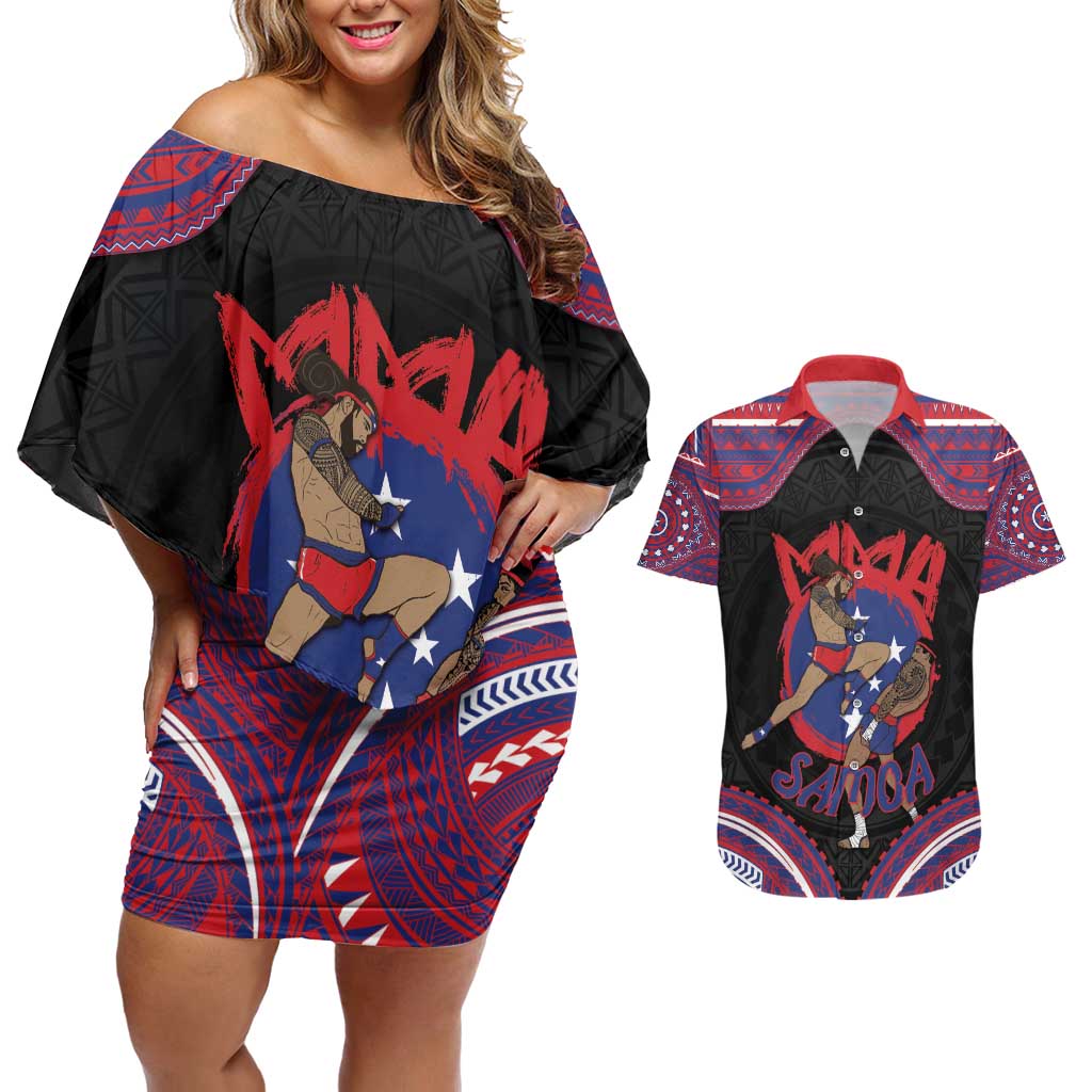 Personalised Samoa Mixed Martial Arts Couples Matching Off Shoulder Short Dress and Hawaiian Shirt Flying Knee Of Samoan DT05 Black - Polynesian Pride