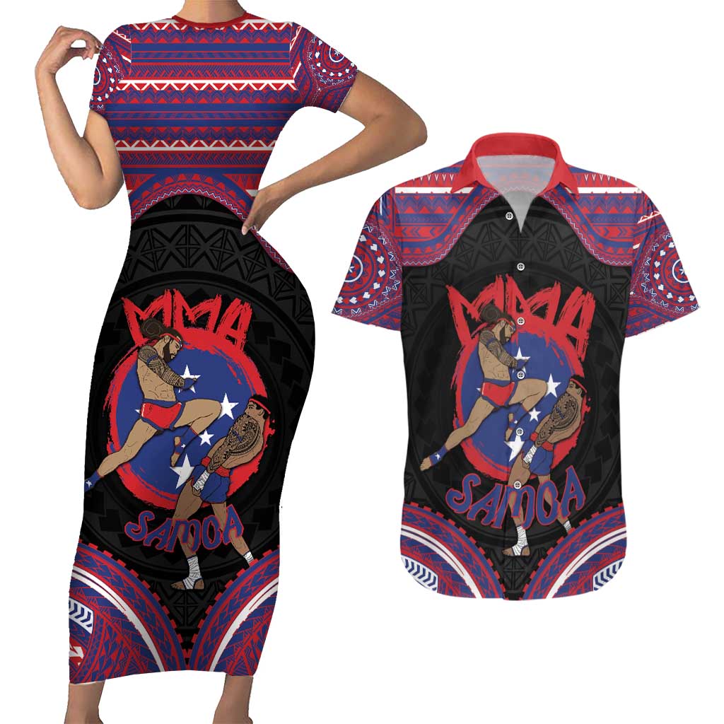Personalised Samoa Mixed Martial Arts Couples Matching Short Sleeve Bodycon Dress and Hawaiian Shirt Flying Knee Of Samoan DT05 Black - Polynesian Pride