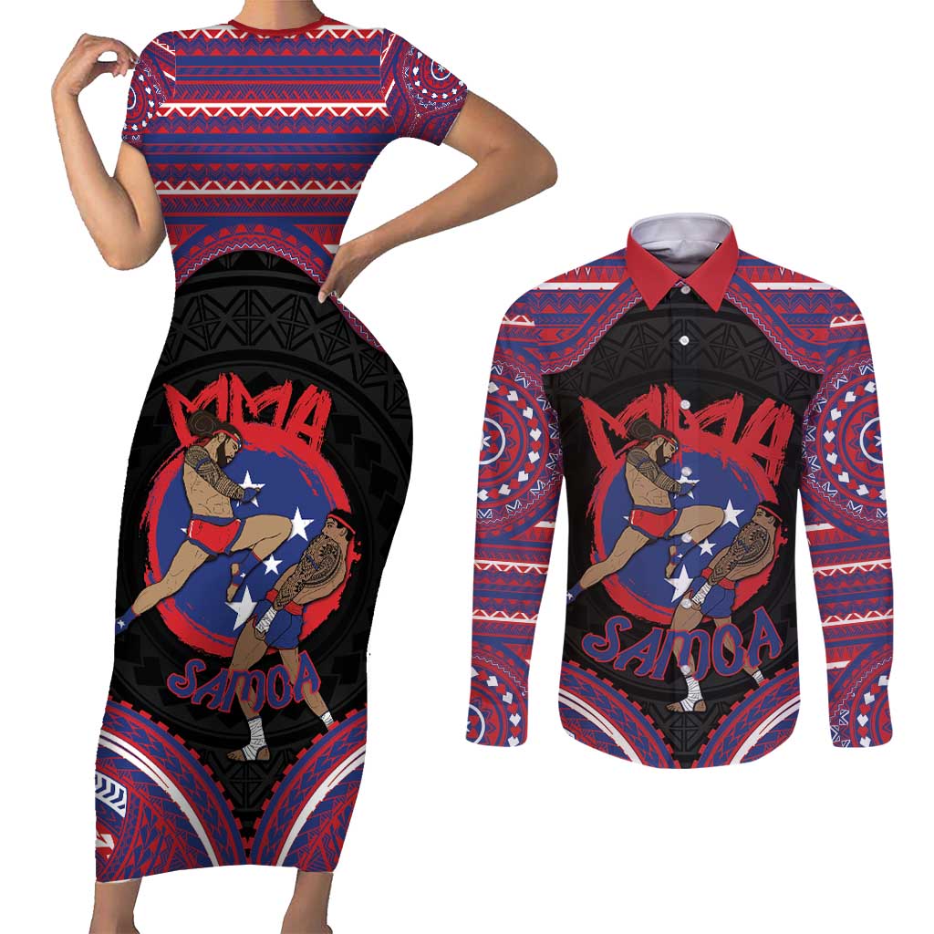 Personalised Samoa Mixed Martial Arts Couples Matching Short Sleeve Bodycon Dress and Long Sleeve Button Shirt Flying Knee Of Samoan - Polynesian Pride