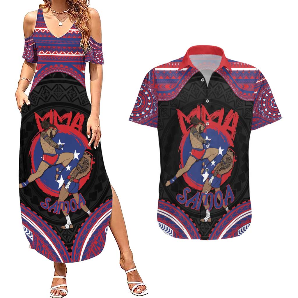 Personalised Samoa Mixed Martial Arts Couples Matching Summer Maxi Dress and Hawaiian Shirt Flying Knee Of Samoan DT05 Black - Polynesian Pride