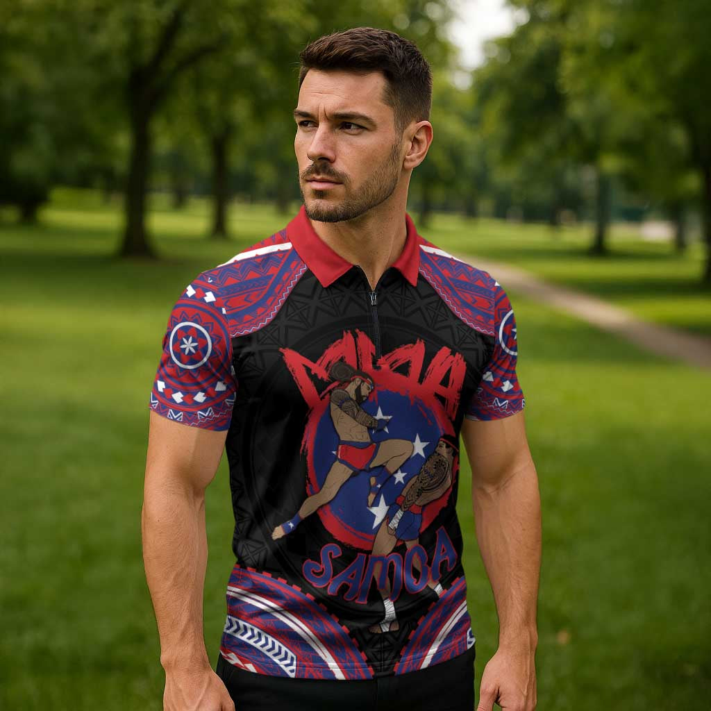 Personalised Samoa Mixed Martial Arts Zipper Polo Shirt Flying Knee Of Samoan - Polynesian Pride