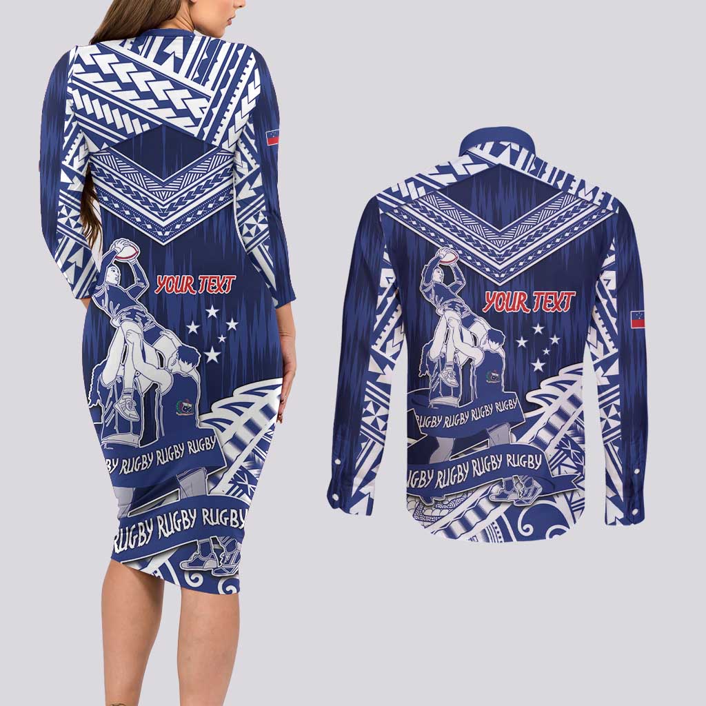 Personalised Samoa Rugby Couples Matching Long Sleeve Bodycon Dress and Long Sleeve Button Shirt Pacific Warrior Glory DT05 - Polynesian Pride