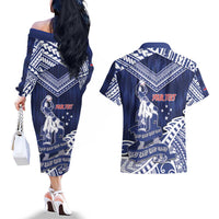 Personalised Samoa Rugby Couples Matching Off The Shoulder Long Sleeve Dress and Hawaiian Shirt Pacific Warrior Glory DT05 - Polynesian Pride