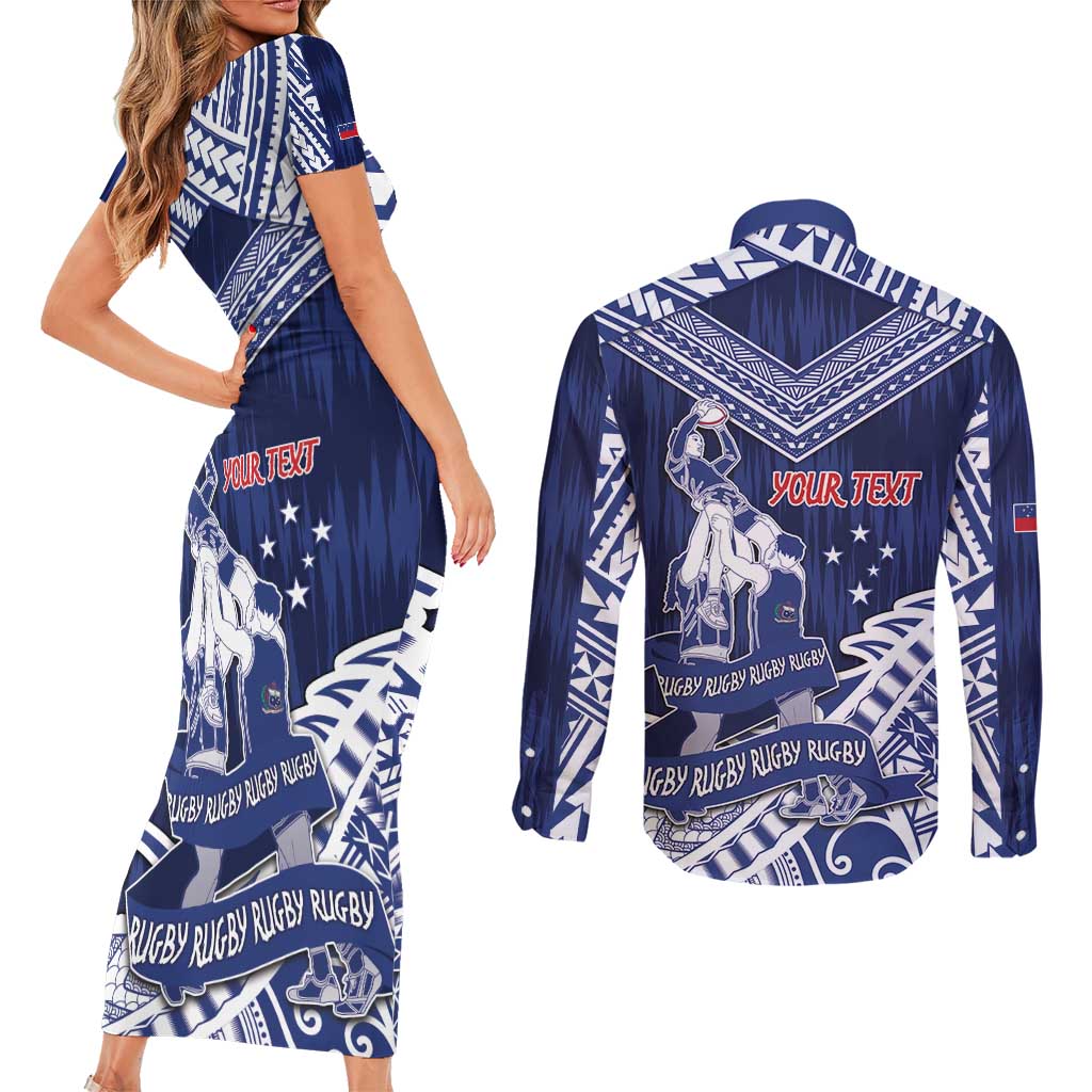Personalised Samoa Rugby Couples Matching Short Sleeve Bodycon Dress and Long Sleeve Button Shirt Pacific Warrior Glory DT05 - Polynesian Pride
