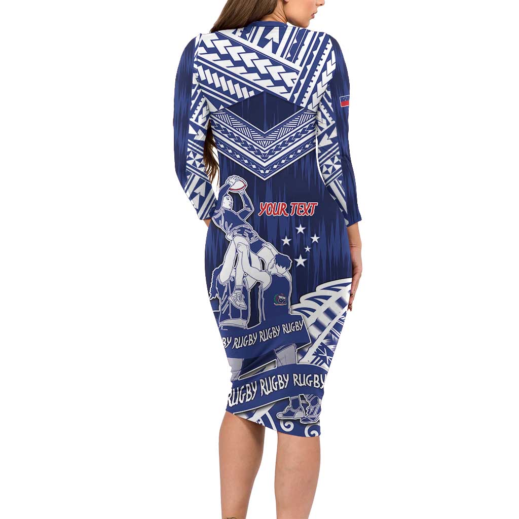 Personalised Samoa Rugby Family Matching Long Sleeve Bodycon Dress and Hawaiian Shirt Pacific Warrior Glory - Polynesian Pride