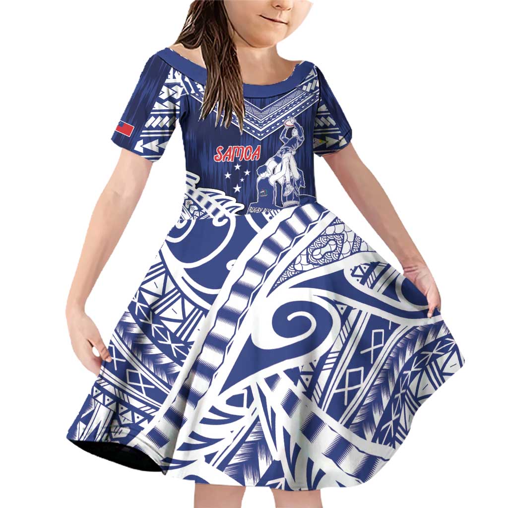 Personalised Samoa Rugby Family Matching Off Shoulder Short Dress and Hawaiian Shirt Pacific Warrior Glory DT05 Daughter's Dress Navy - Polynesian Pride