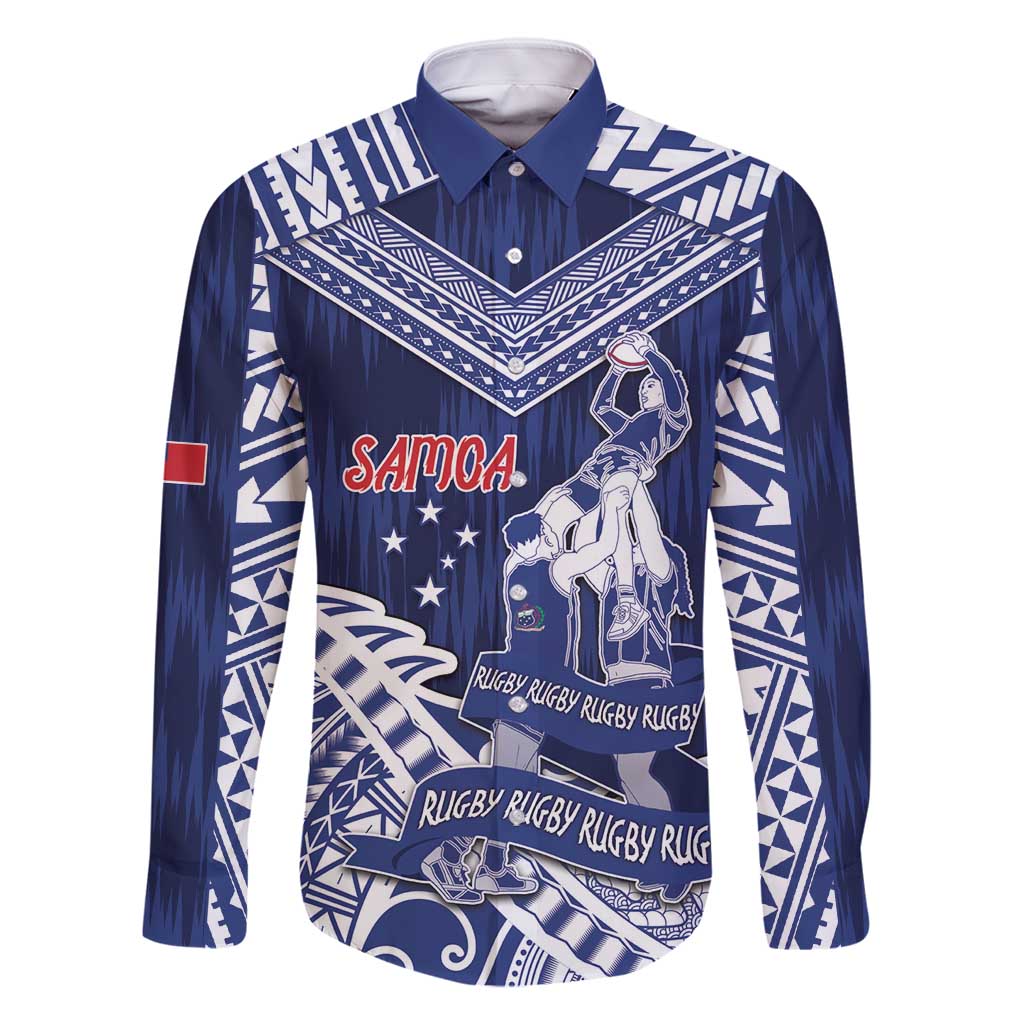 Personalised Samoa Rugby Family Matching Off Shoulder Short Dress and Hawaiian Shirt Pacific Warrior Glory DT05 Dad's Shirt - Long Sleeve Navy - Polynesian Pride