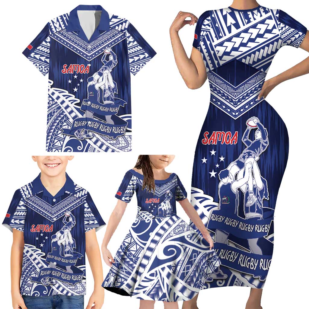 Personalised Samoa Rugby Family Matching Short Sleeve Bodycon Dress and Hawaiian Shirt Pacific Warrior Glory DT05 - Polynesian Pride