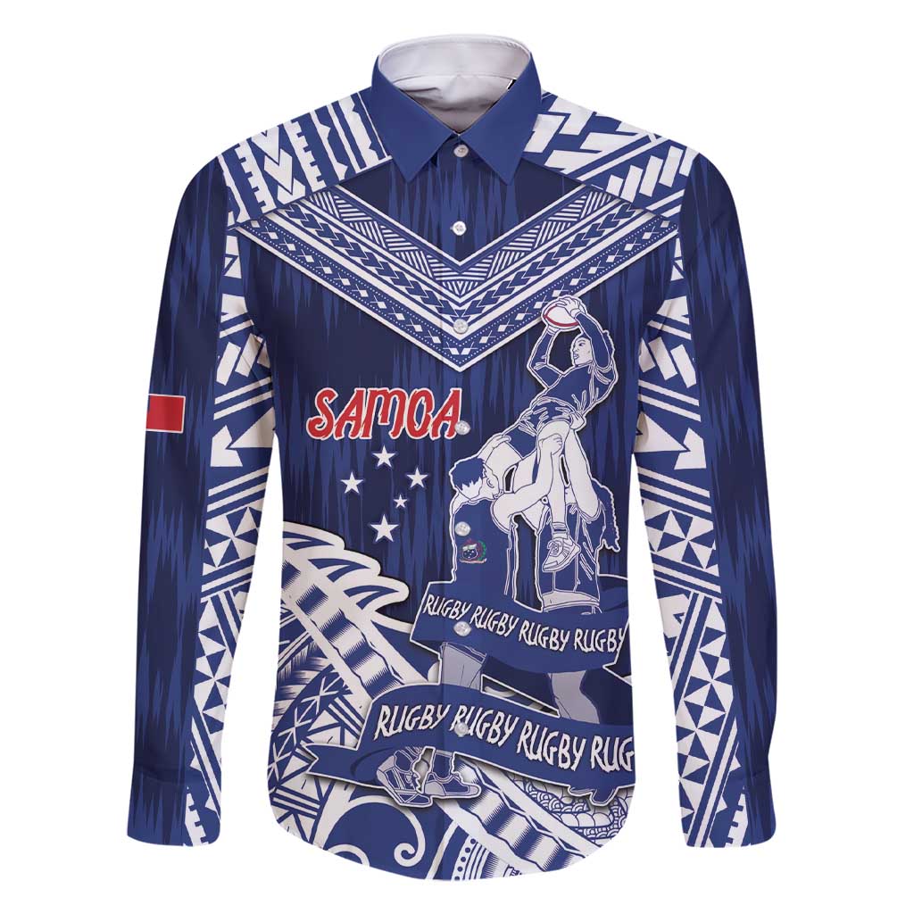 Personalised Samoa Rugby Family Matching Short Sleeve Bodycon Dress and Hawaiian Shirt Pacific Warrior Glory DT05 Dad's Shirt - Long Sleeve Navy - Polynesian Pride