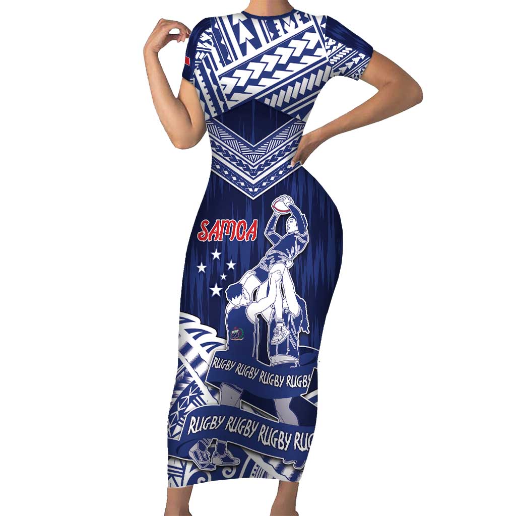 Personalised Samoa Rugby Family Matching Short Sleeve Bodycon Dress and Hawaiian Shirt Pacific Warrior Glory DT05 Mom's Dress Navy - Polynesian Pride